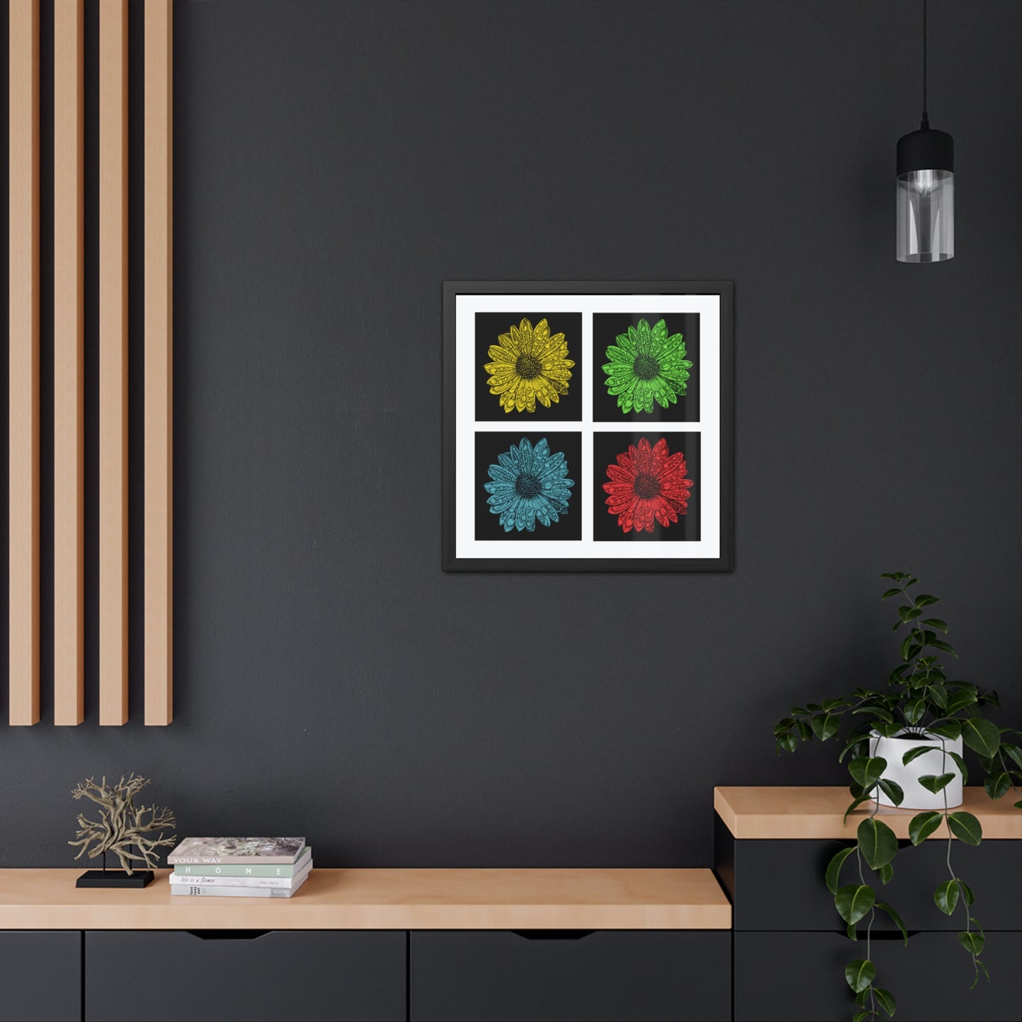 Pop Art Daisy Framed Poster — Colorful Floral Wall Art (4-Panel)