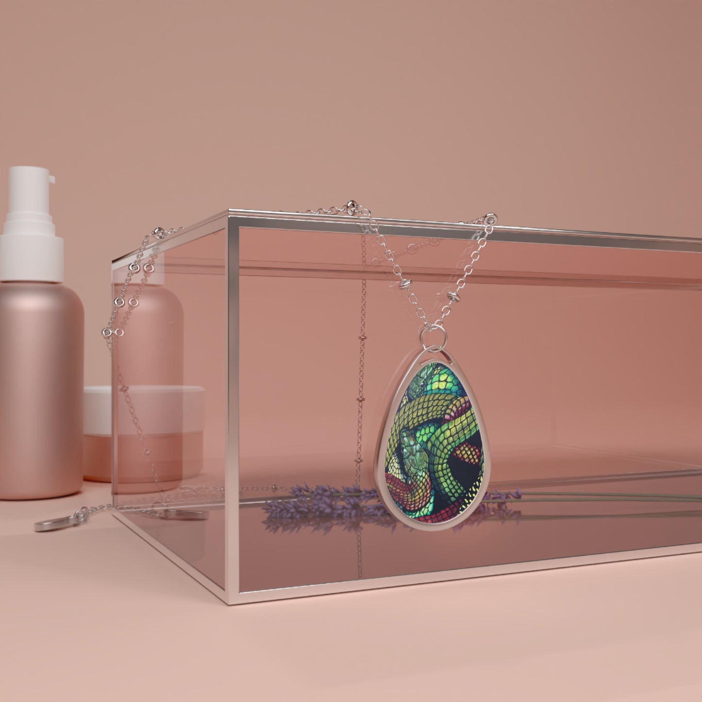 Oval Snake Pendant Necklace — Colorful Serpent Art Jewelry