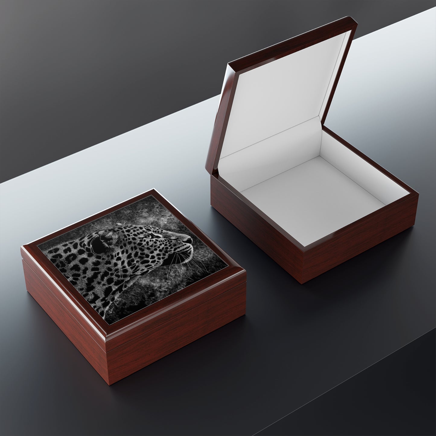 Leopard Profile Black Jewelry Box — Elegant Animal Portrait Keepsake
