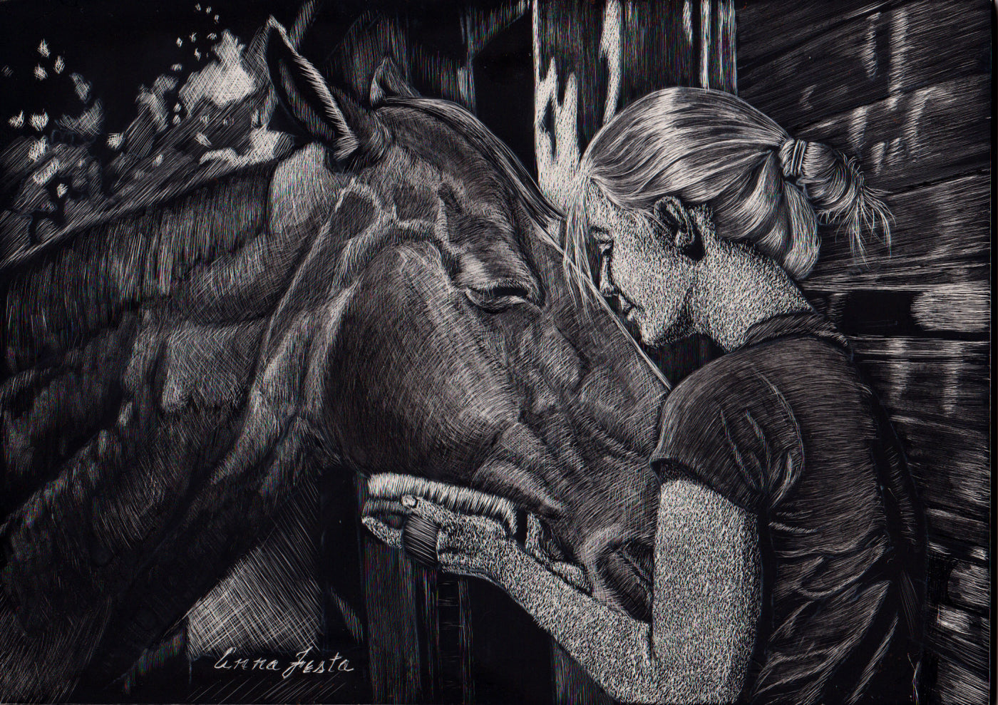 Quiet Moment – 5x7 Scratchboard by Anna Festa