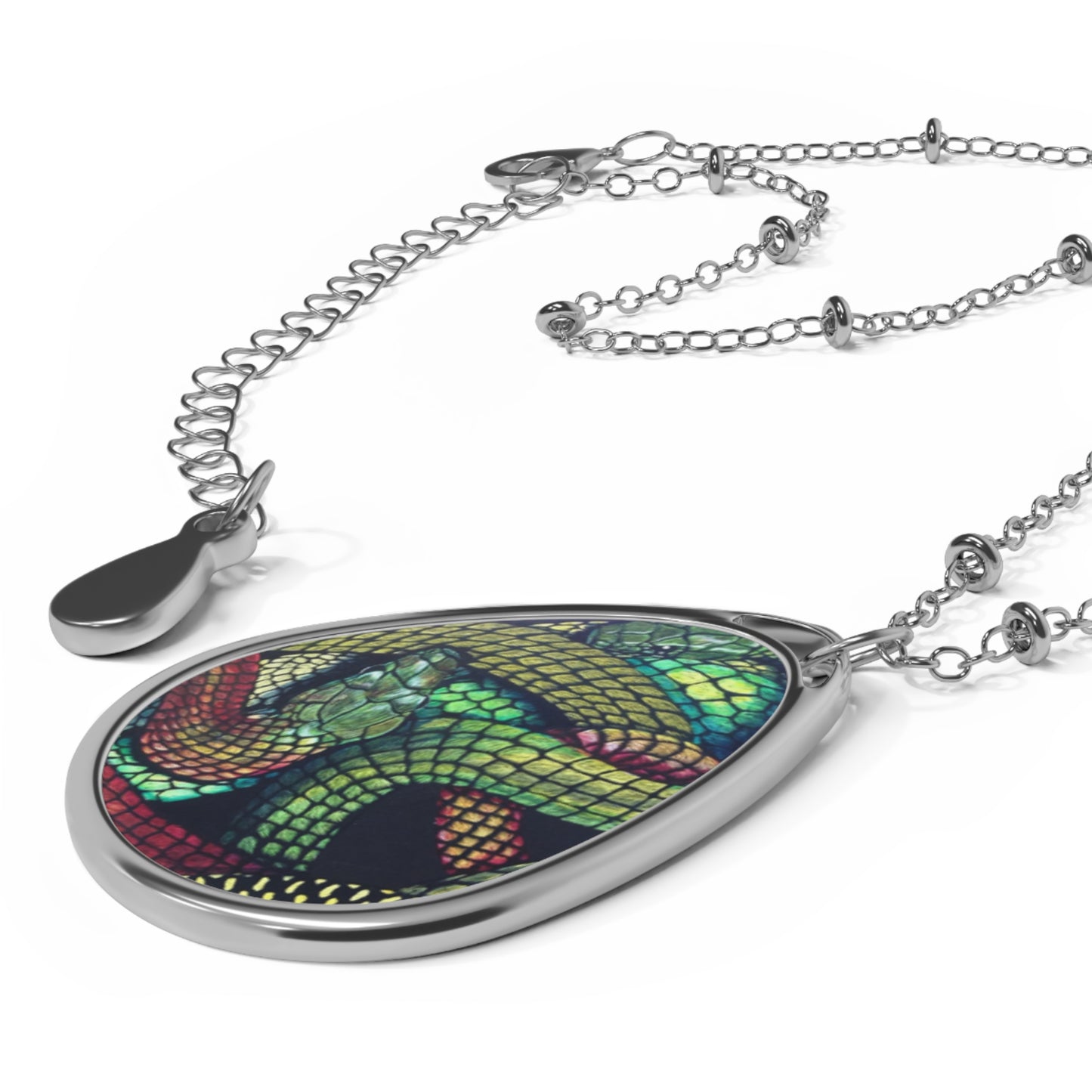 Oval Snake Pendant Necklace — Colorful Serpent Art Jewelry