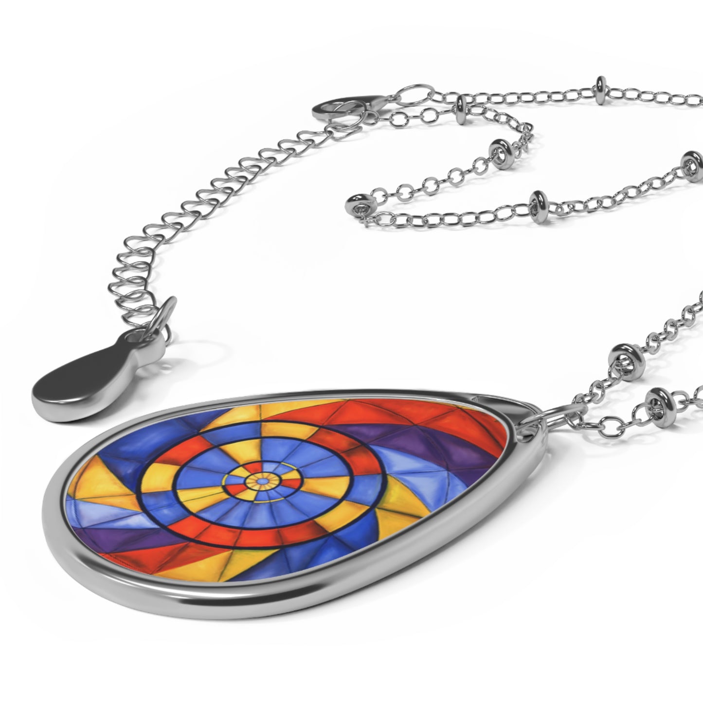 Stained Glass Spiral Oval Necklace — Colorful Teardrop Pendant