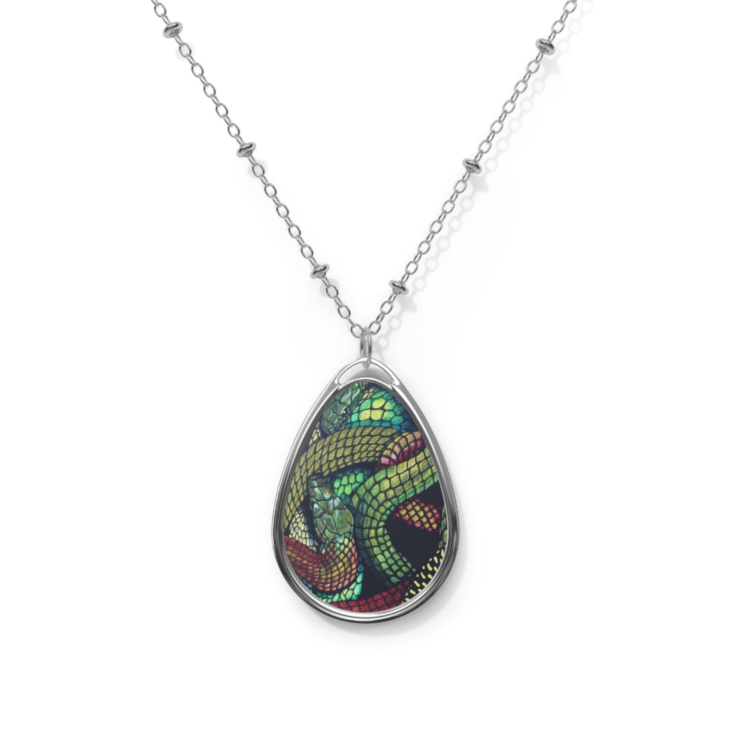 Oval Snake Pendant Necklace — Colorful Serpent Art Jewelry