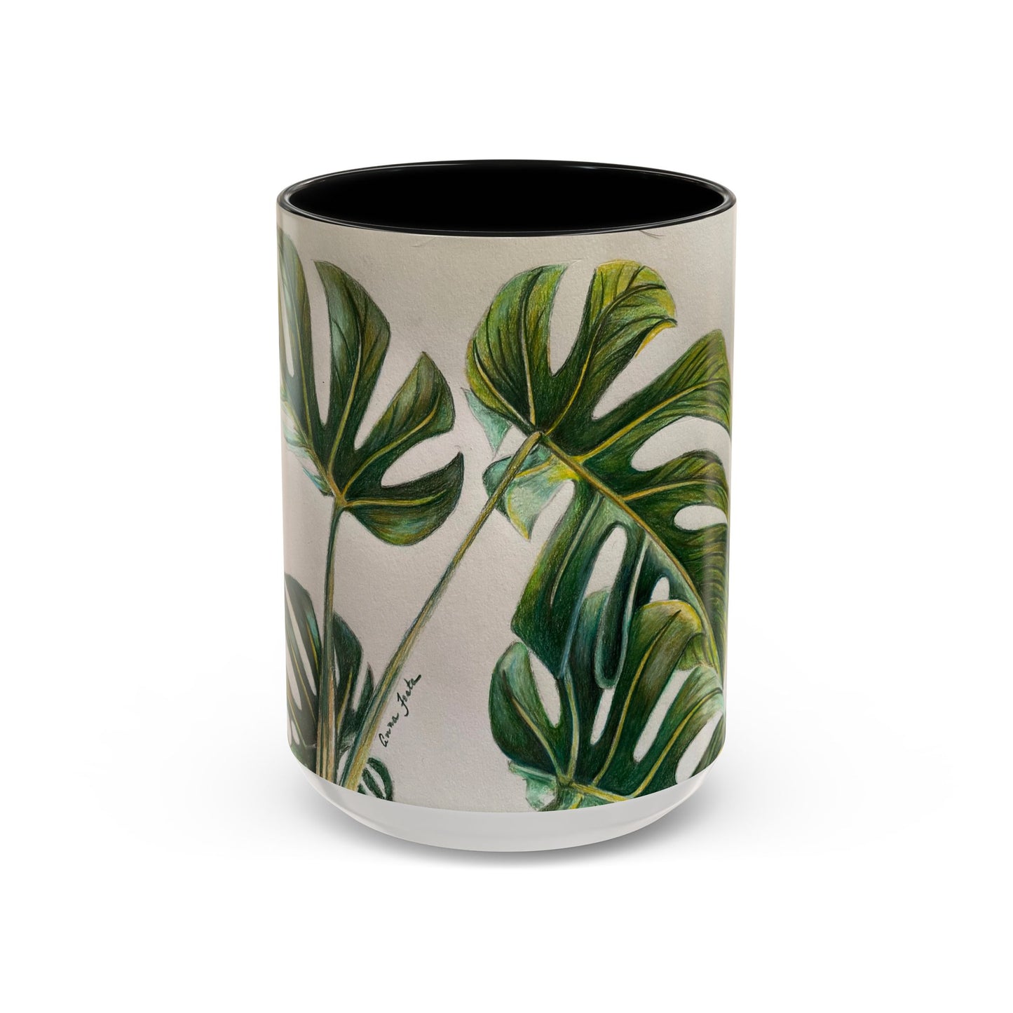 Monstera Leaf Accent Coffee Mug — Botanical Tropical Ceramic Mug (11/15oz)