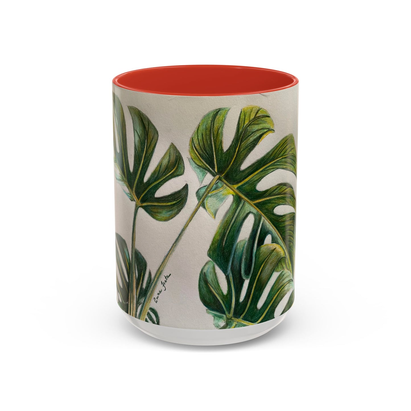 Monstera Leaf Accent Coffee Mug — Botanical Tropical Ceramic Mug (11/15oz)