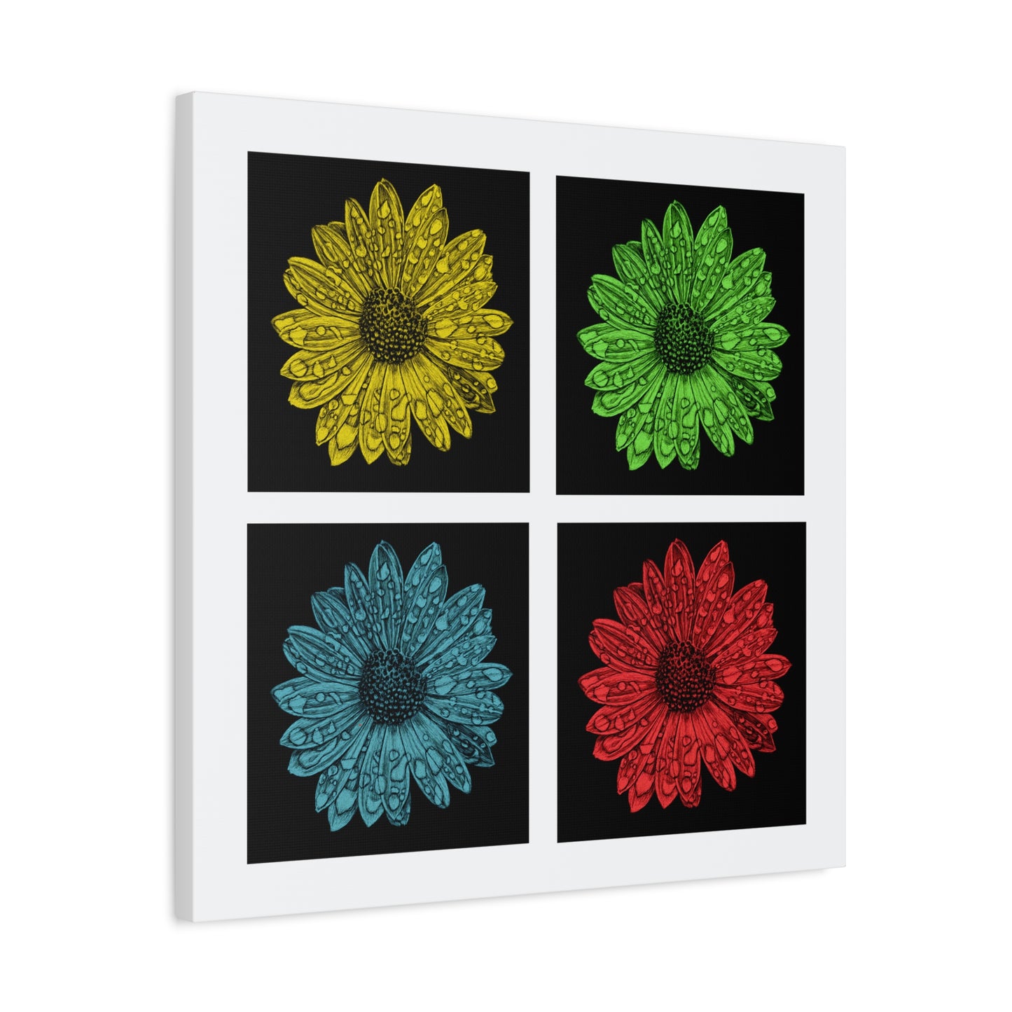 Pop Art Daisy Canvas Print — Four-Panel Colorful Flower Wall Art