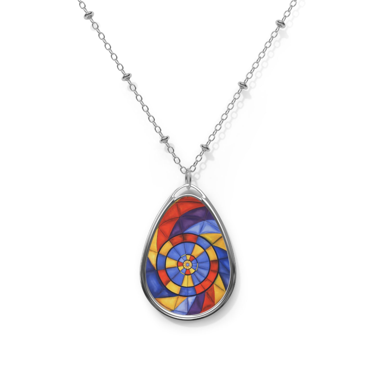 Stained Glass Spiral Oval Necklace — Colorful Teardrop Pendant