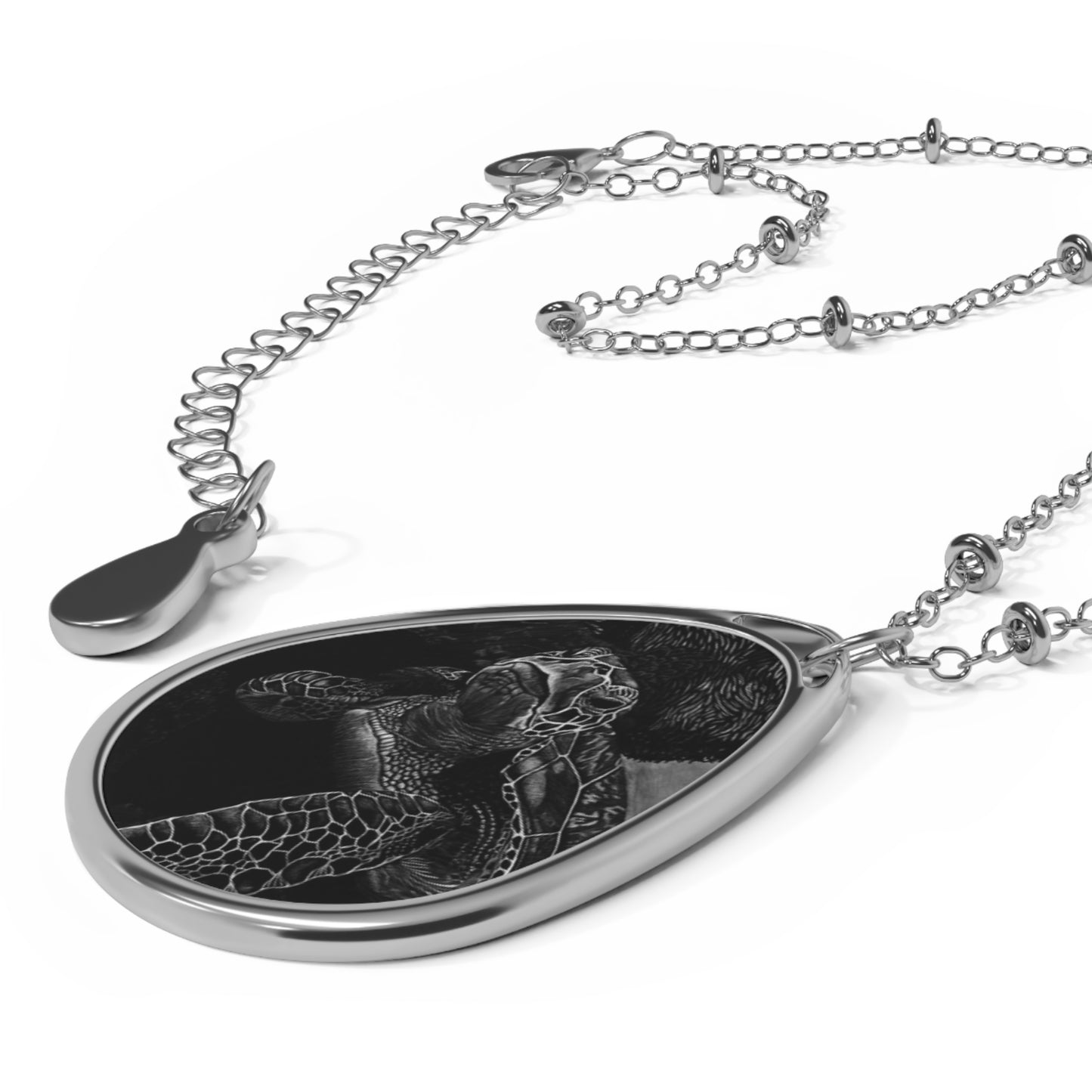 Sea Turtle Oval Pendant Necklace — Black & Silver Teardrop Photo Locket