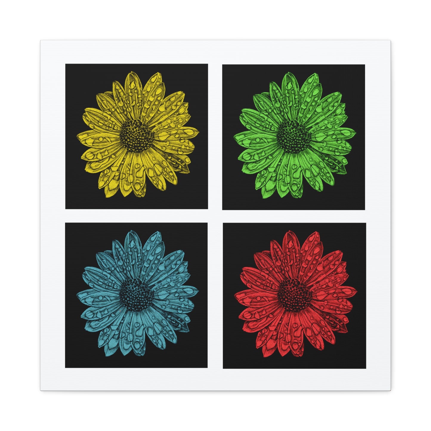 Pop Art Daisy Canvas Print — Four-Panel Colorful Flower Wall Art