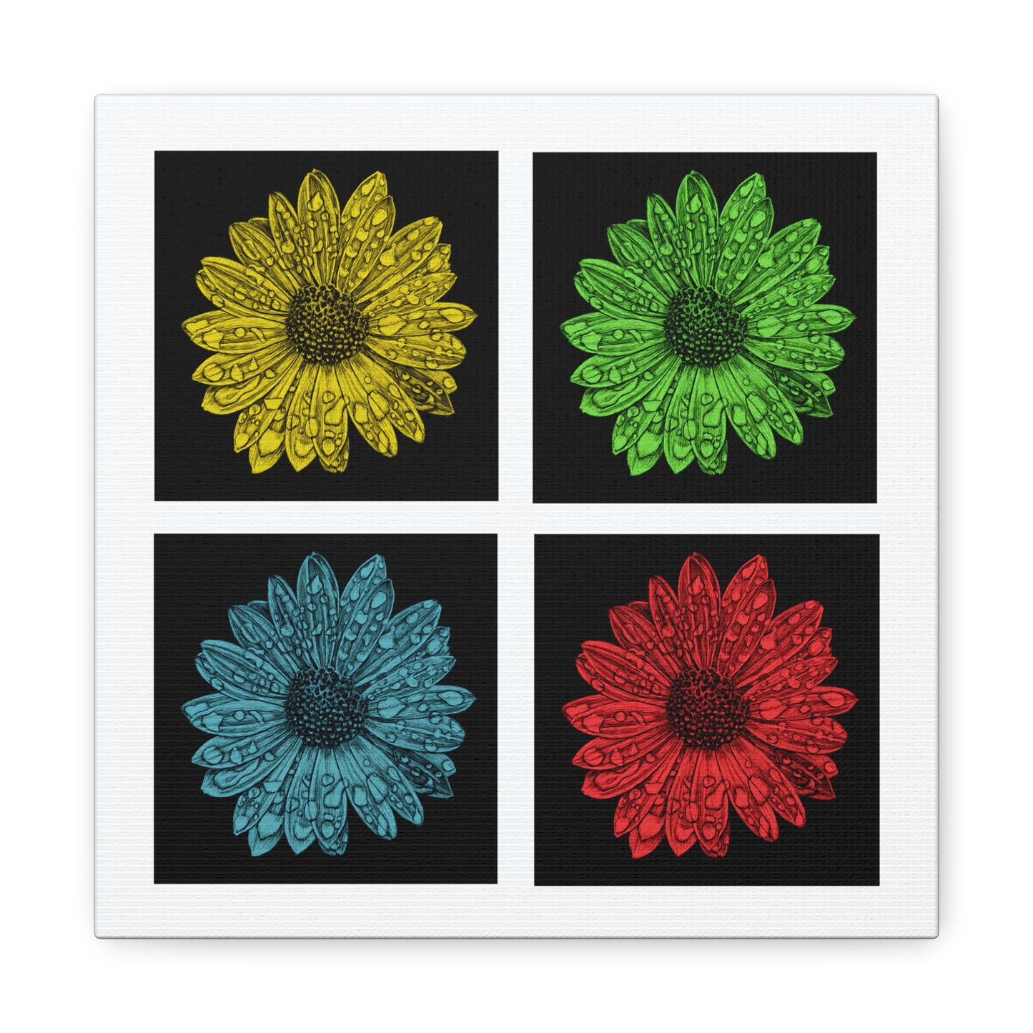 Pop Art Daisy Canvas Print — Four-Panel Colorful Flower Wall Art