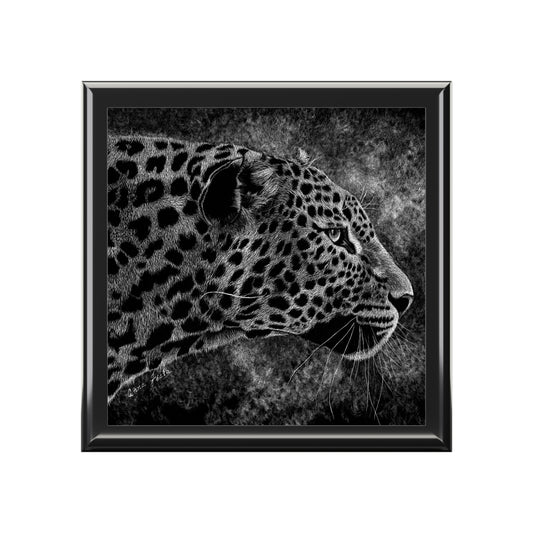 Leopard Profile Black Jewelry Box — Elegant Animal Portrait Keepsake