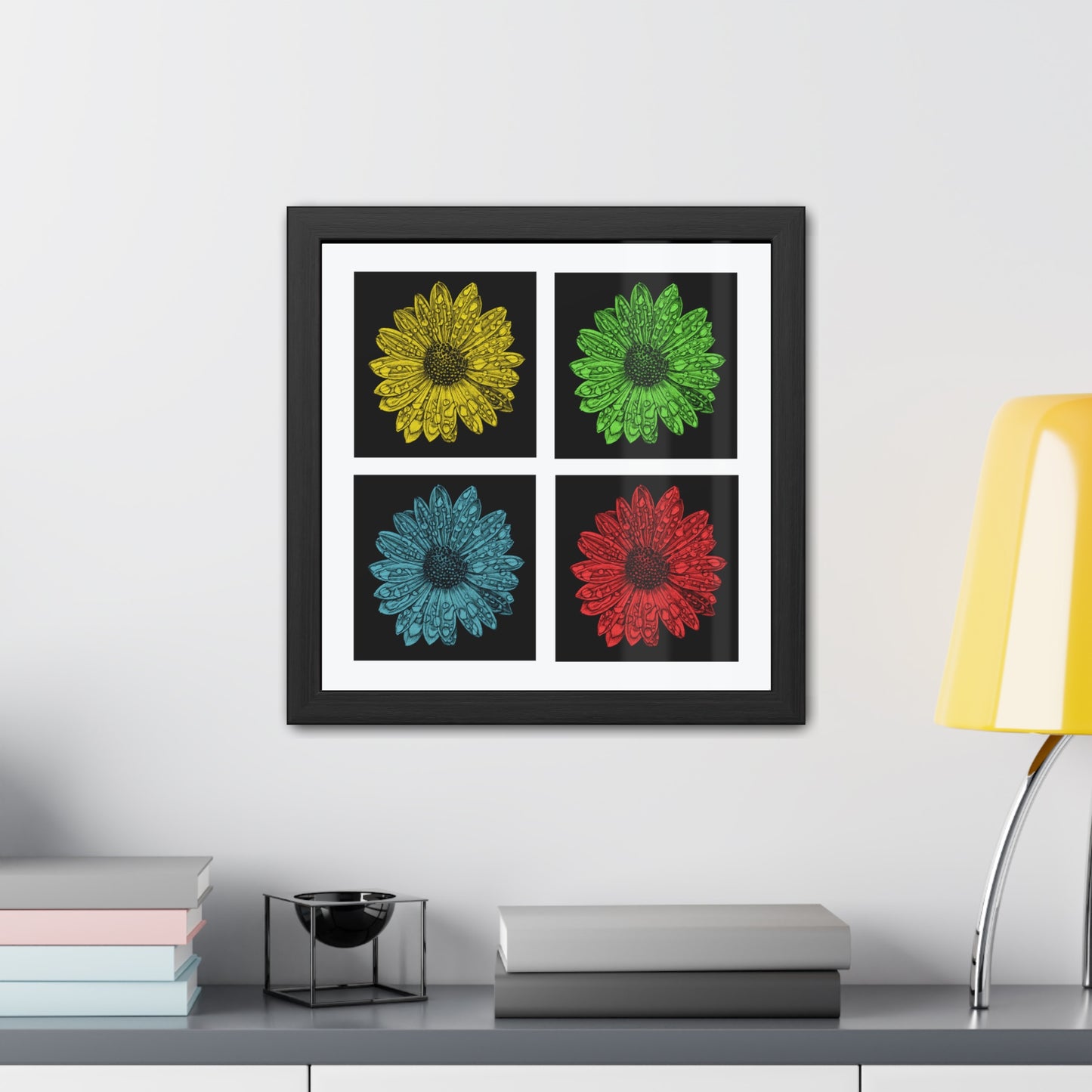 Pop Art Daisy Framed Poster — Colorful Floral Wall Art (4-Panel)
