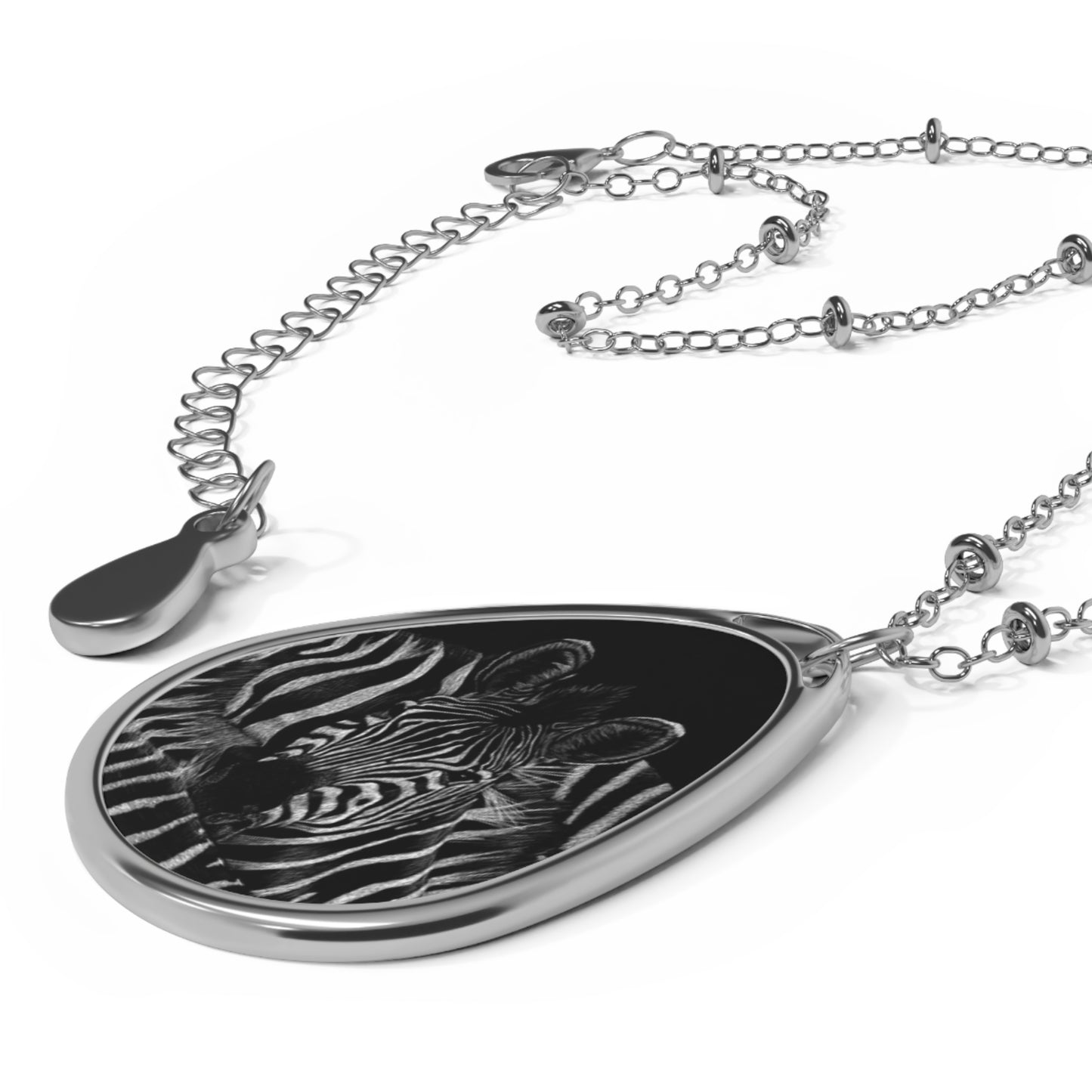 Zebra Oval Necklace — Silver Teardrop Pendant with Black Zebra Art