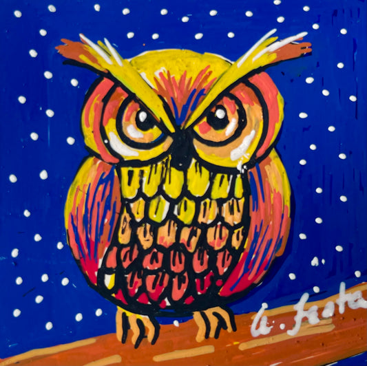 Whimsical Night Owl Magnet, hand crafted and handpainted