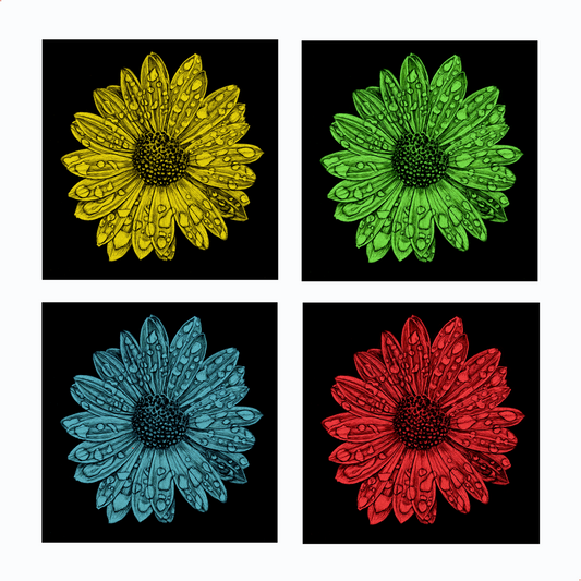 Pop Art Daisy Canvas Print — Four-Panel Colorful Flower Wall Art