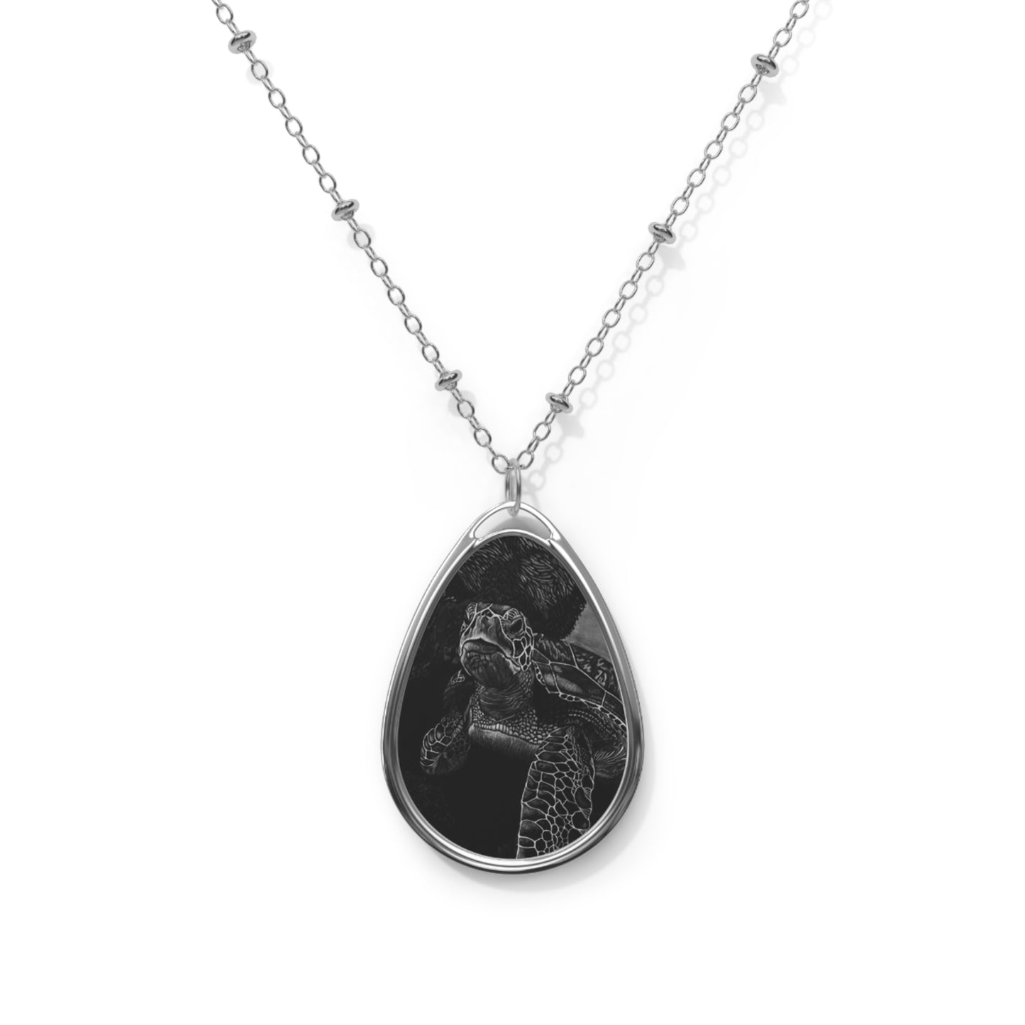 Sea Turtle Oval Pendant Necklace — Black & Silver Teardrop Photo Locket