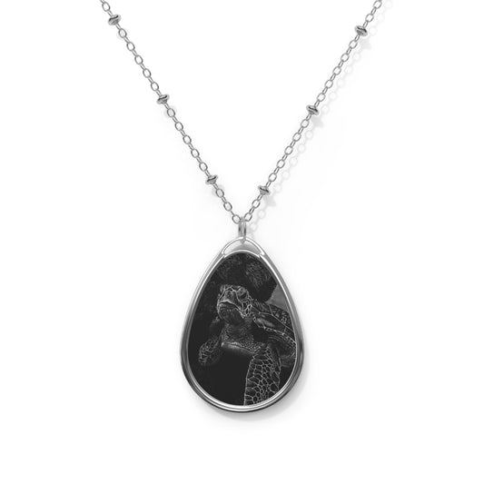 Sea Turtle Oval Pendant Necklace — Black & Silver Teardrop Photo Locket