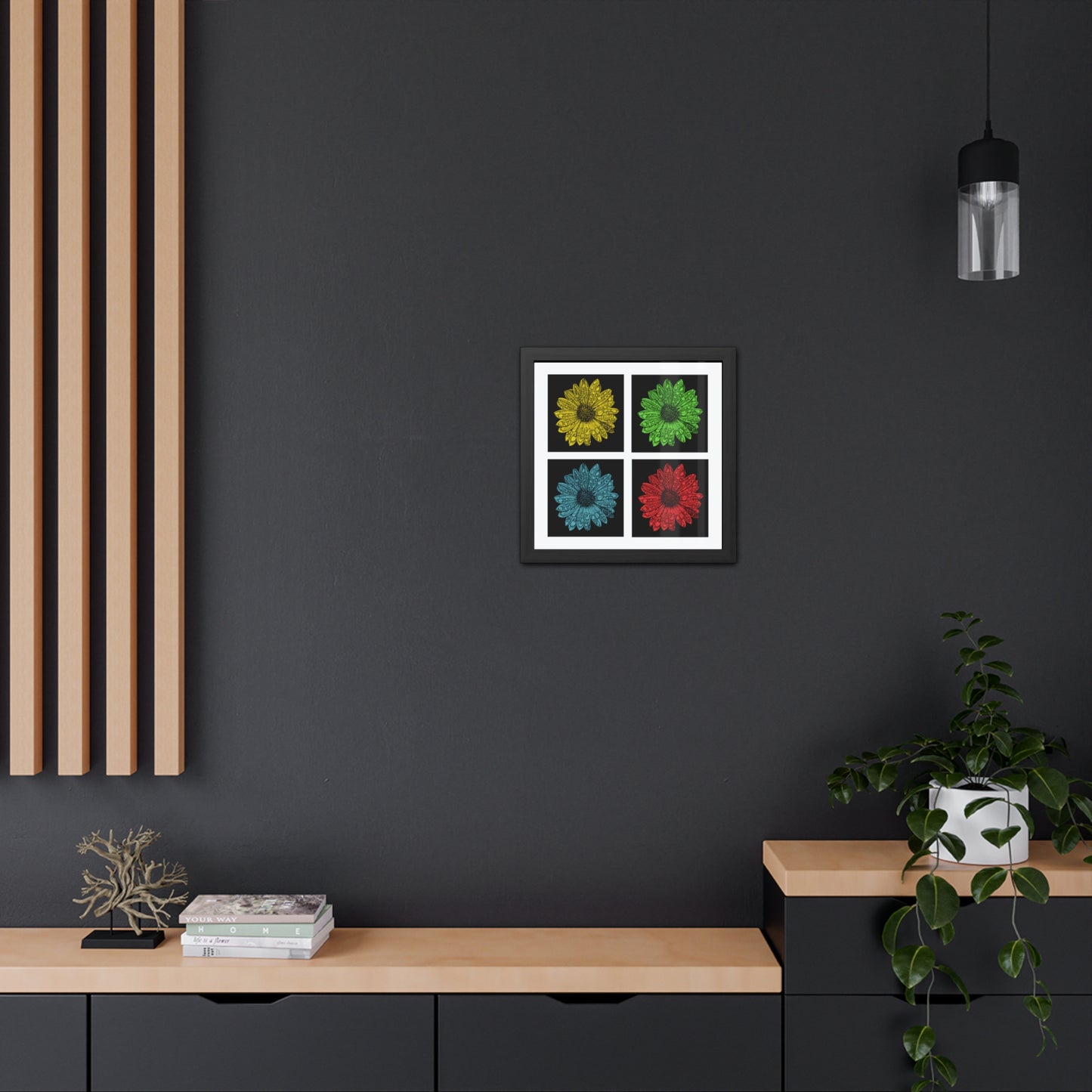 Pop Art Daisy Framed Poster — Colorful Floral Wall Art (4-Panel)