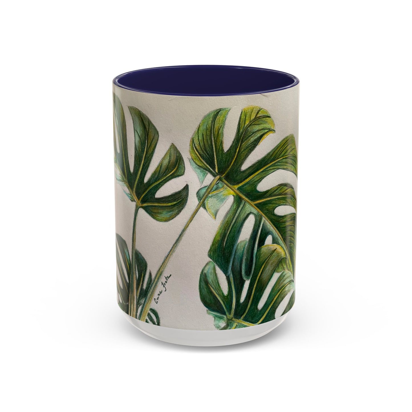 Monstera Leaf Accent Coffee Mug — Botanical Tropical Ceramic Mug (11/15oz)