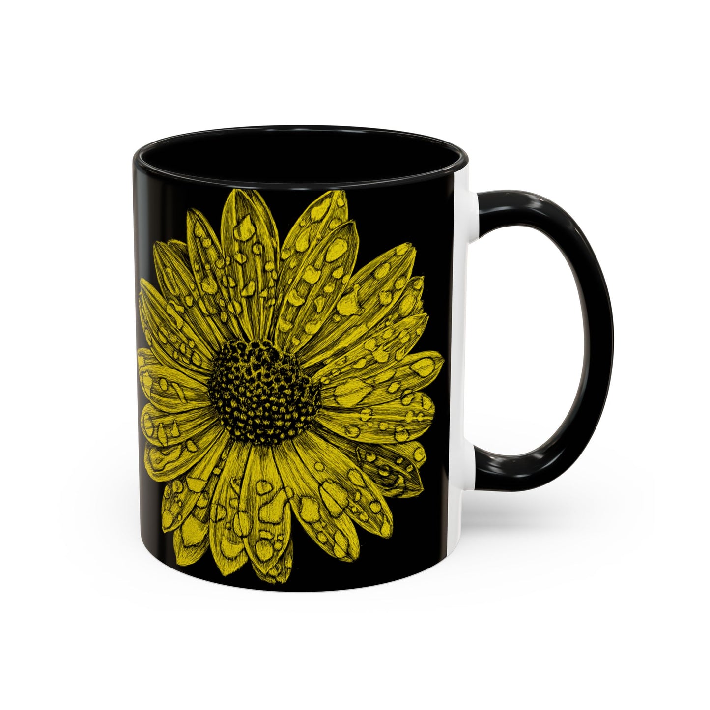 Sunflower Waterdrop Accent Coffee Mug — Yellow Floral 11/15oz