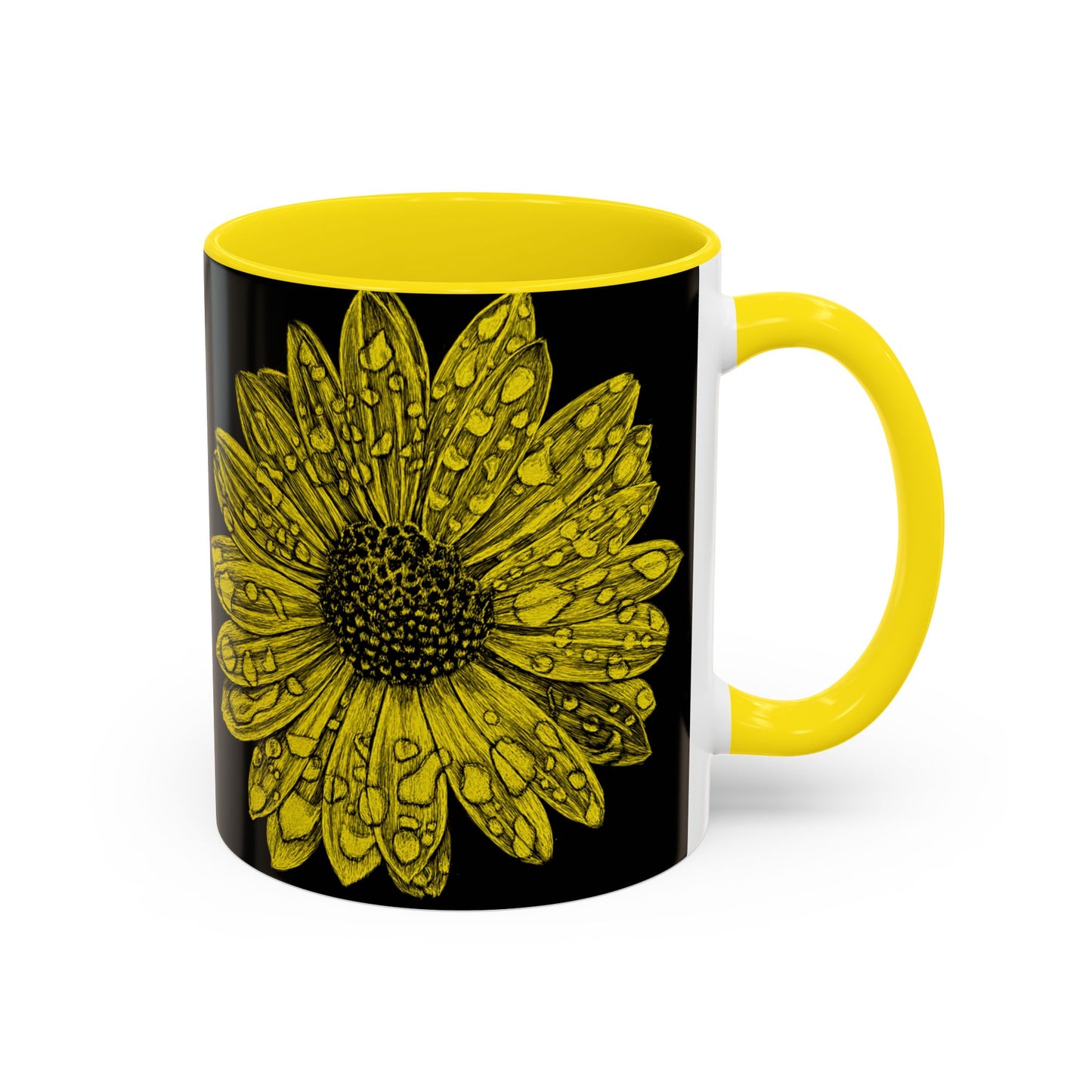 Sunflower Waterdrop Accent Coffee Mug — Yellow Floral 11/15oz