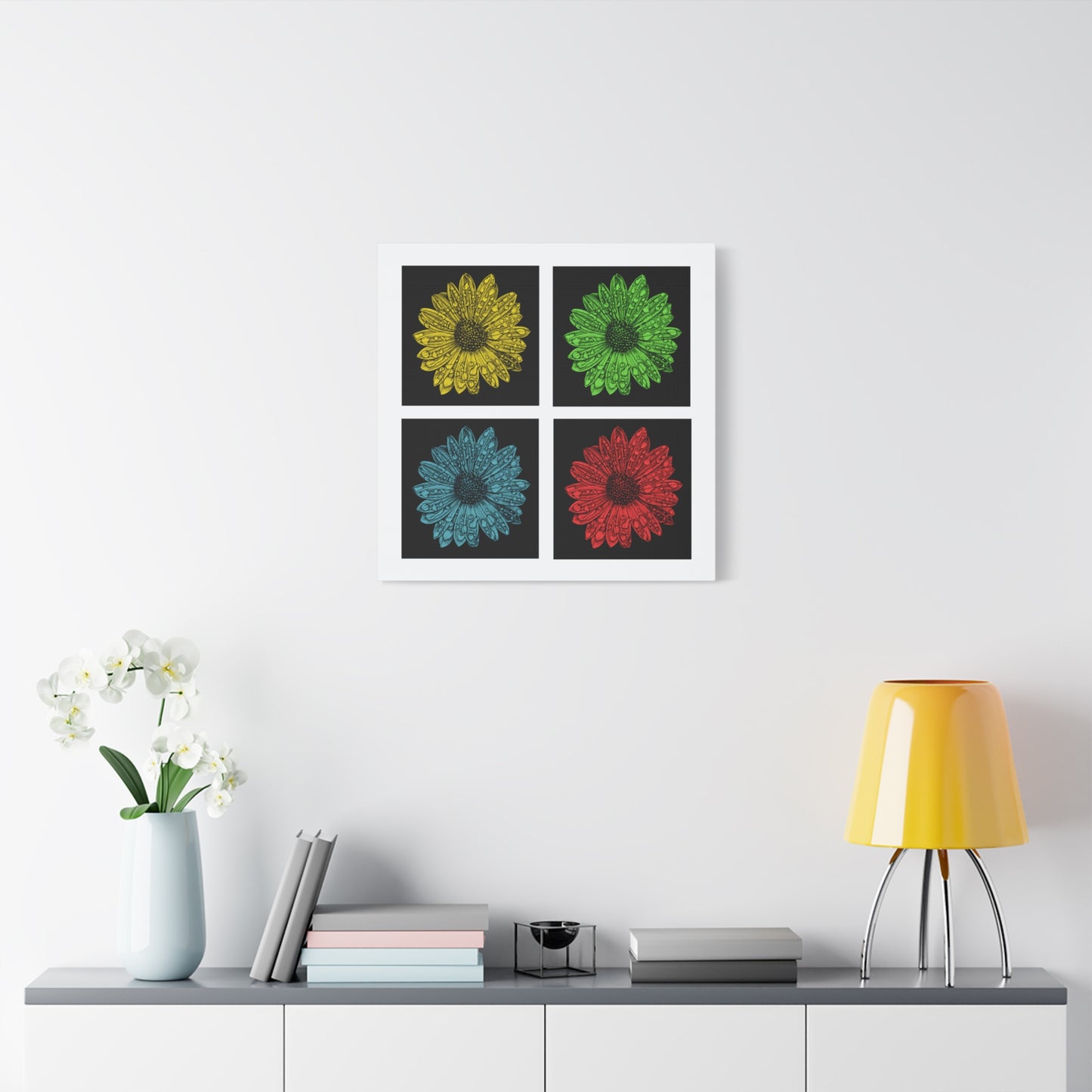 Pop Art Daisy Canvas Print — Four-Panel Colorful Flower Wall Art