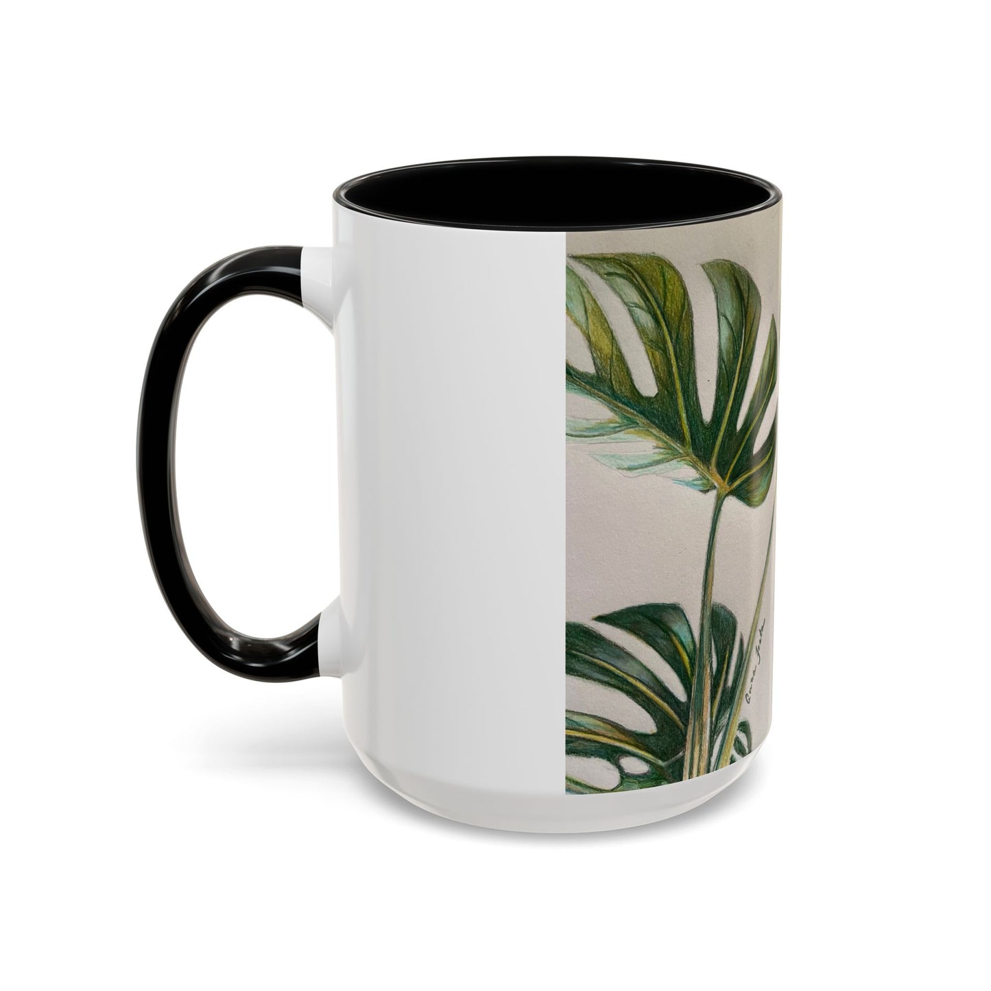 Monstera Leaf Accent Coffee Mug — Botanical Tropical Ceramic Mug (11/15oz)