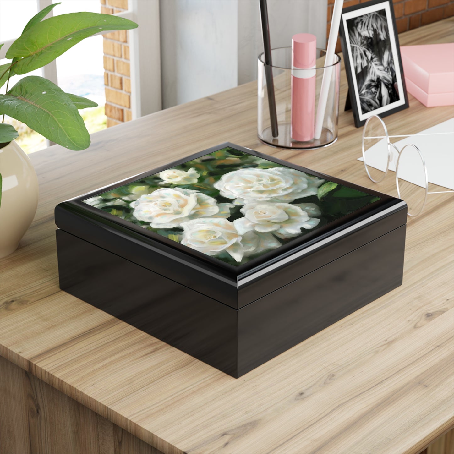 Jewelry Box – White Rose Floral Keepsake Box