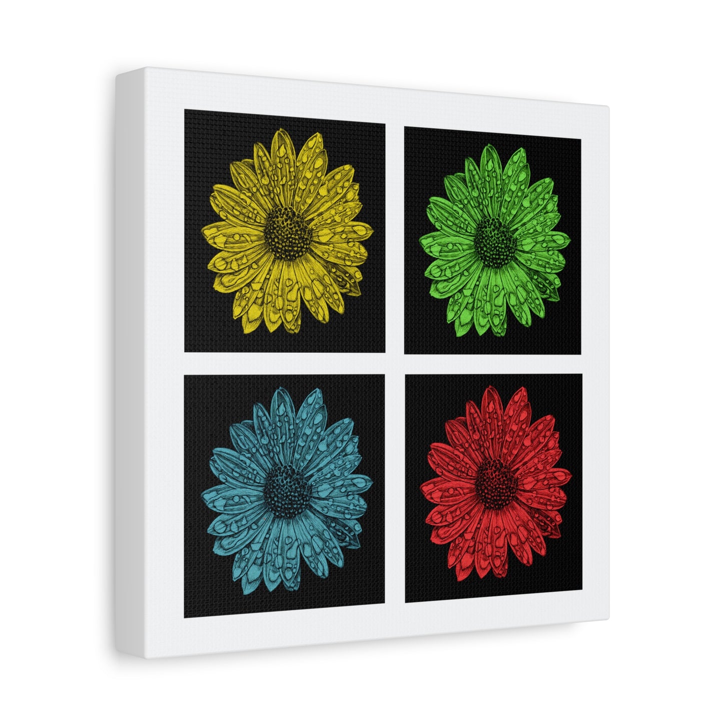 Pop Art Daisy Canvas Print — Four-Panel Colorful Flower Wall Art