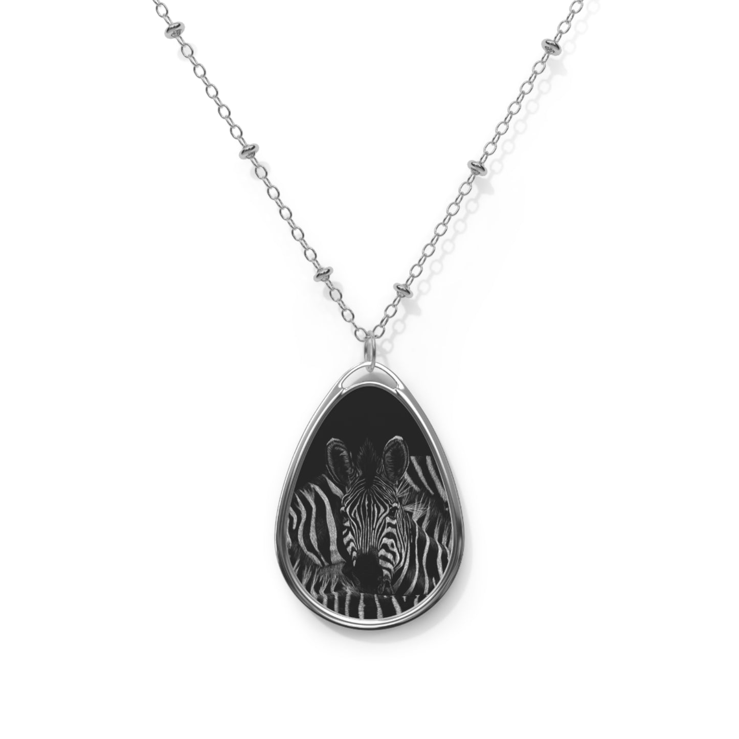 Zebra Oval Necklace — Silver Teardrop Pendant with Black Zebra Art