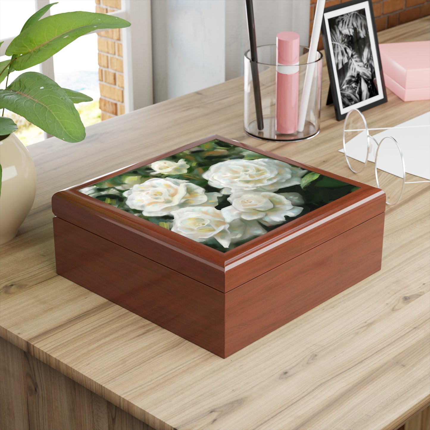Jewelry Box – White Rose Floral Keepsake Box