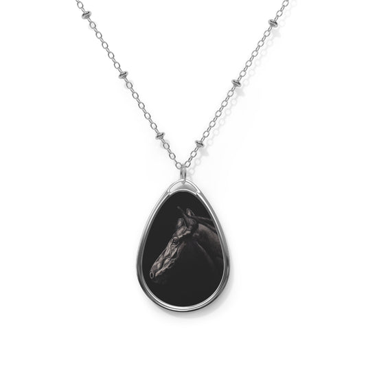 Oval Horse Pendant Necklace — Elegant Black Horse Teardrop Locket
