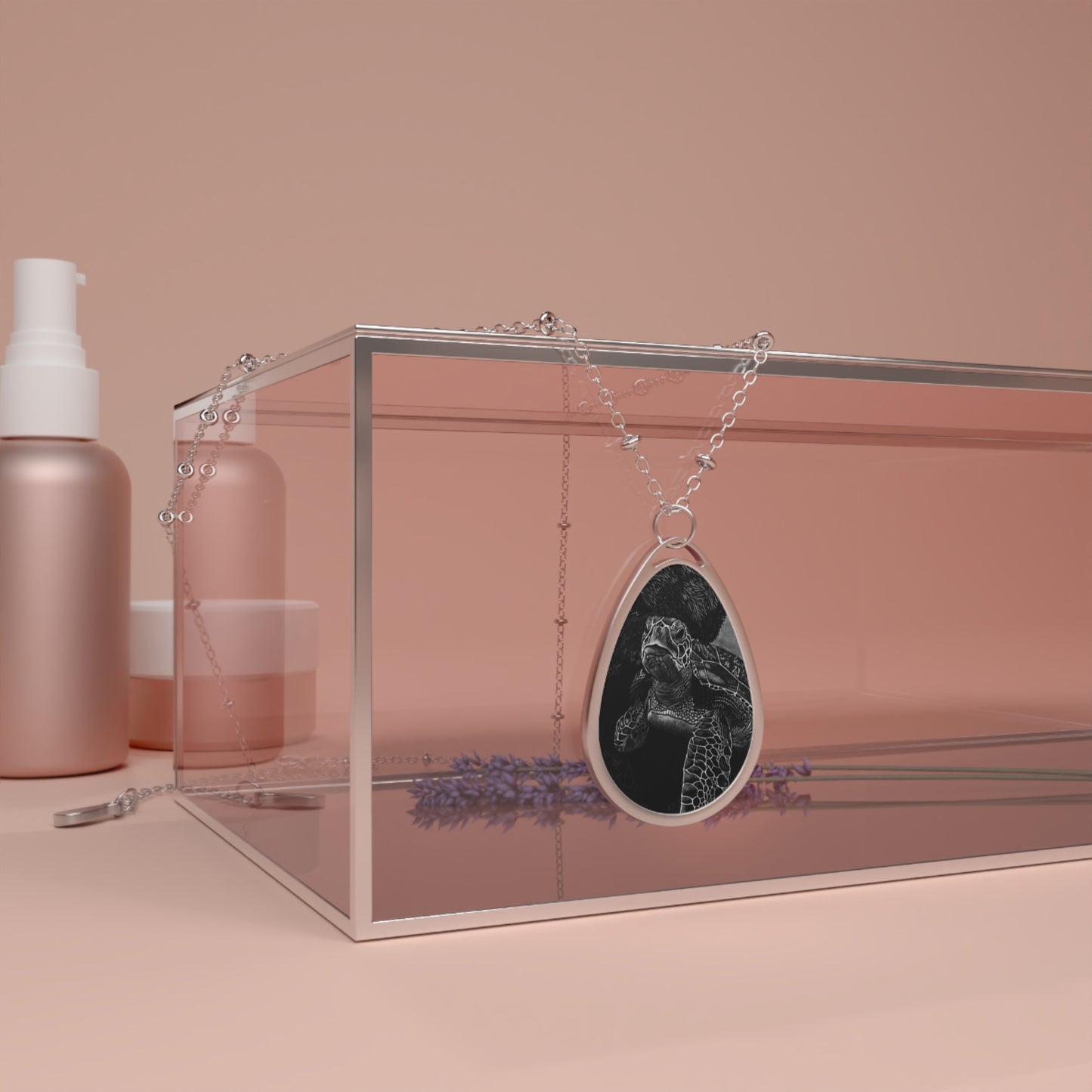 Sea Turtle Oval Pendant Necklace — Black & Silver Teardrop Photo Locket