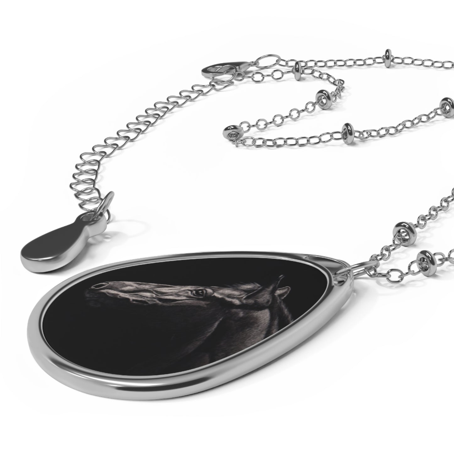 Oval Horse Pendant Necklace — Elegant Black Horse Teardrop Locket