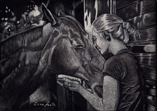 Quiet Moment – 5x7 Scratchboard by Anna Festa