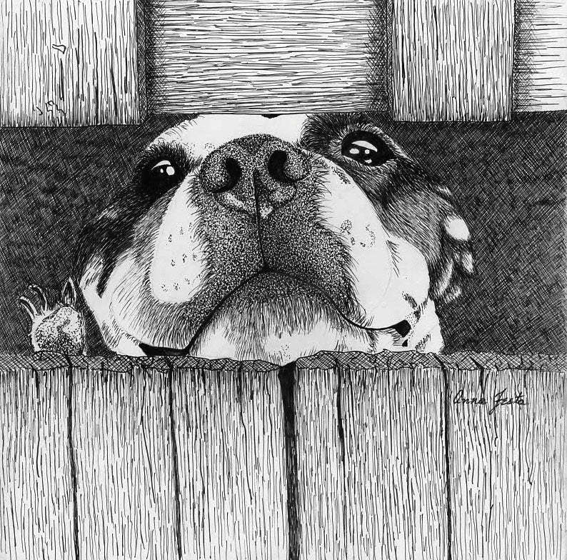 Let Me Out – Pen and Ink Dog Art on Clay board | Original 8×8 Animal Artwork