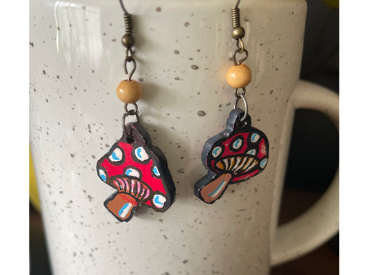 🍄 Whimsical Woodland Mushroom Earrings – Hand-Carved & Hand-Painted Fun