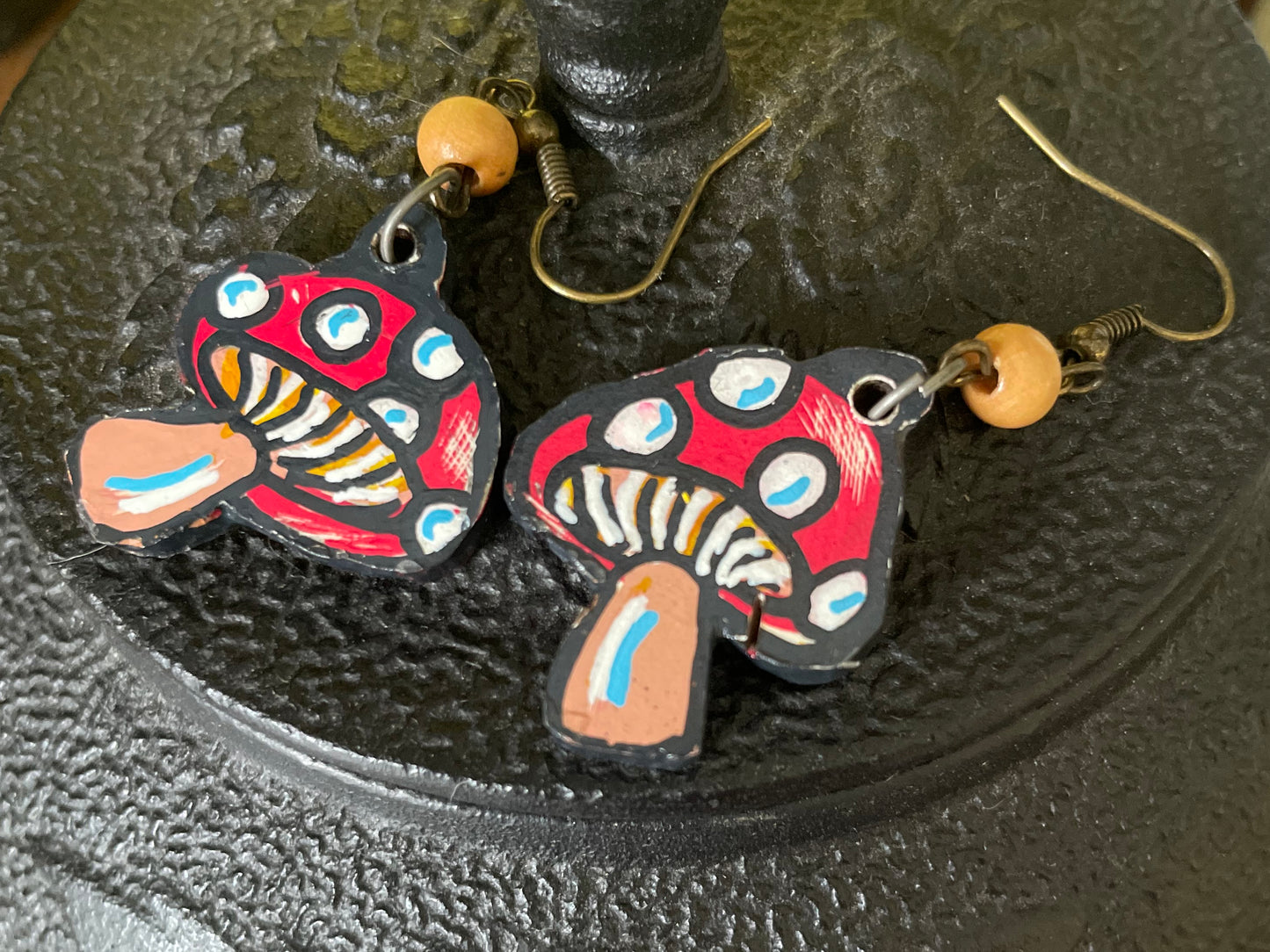 🍄 Whimsical Woodland Mushroom Earrings – Hand-Carved & Hand-Painted Fun