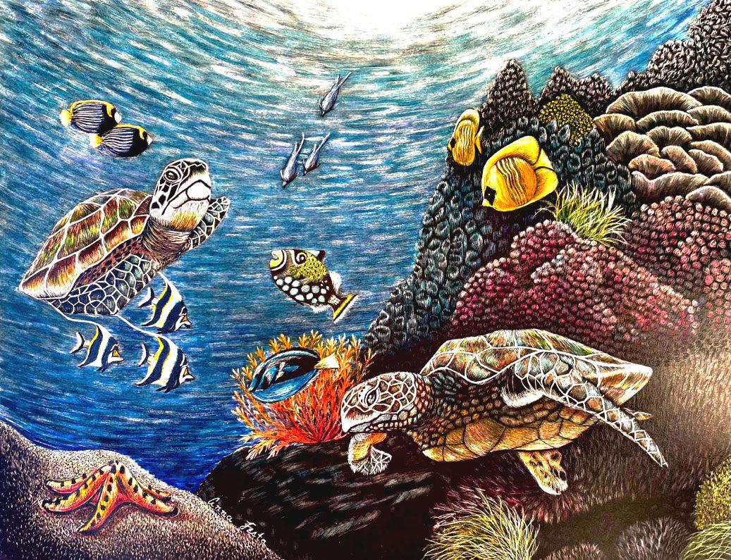Beneath the Tides – Original Scratchboard Ocean Art | Sea Turtle & Coral Reef Fine Art