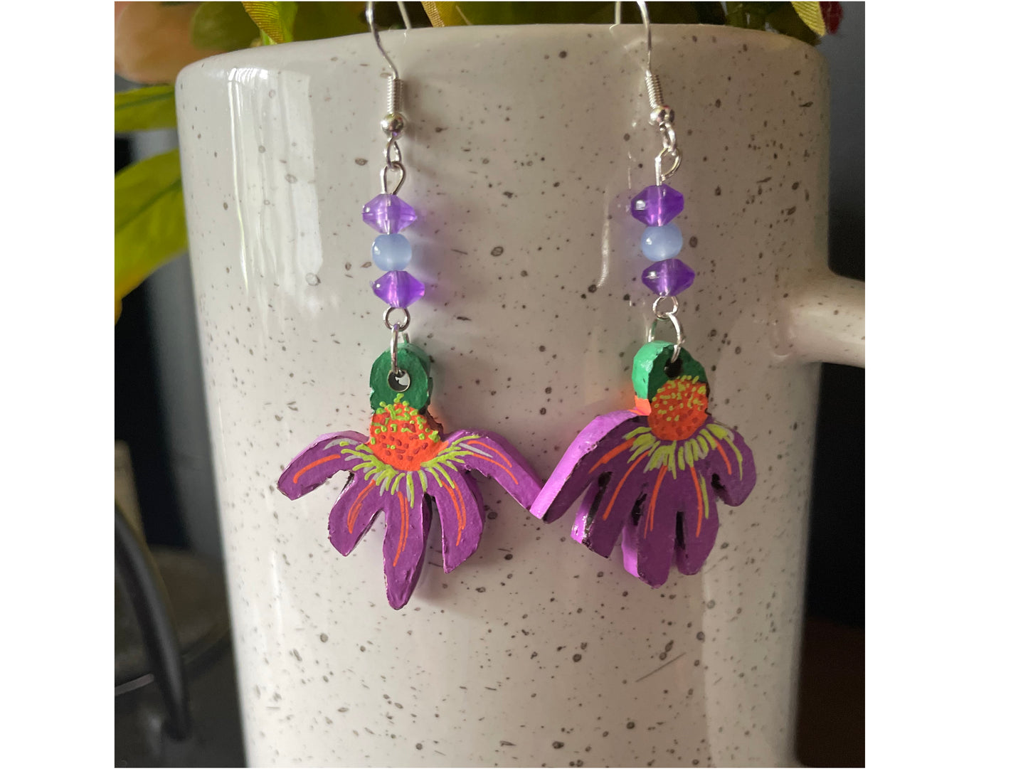Bold Blossom – Hand-Carved Purple Flower Earrings